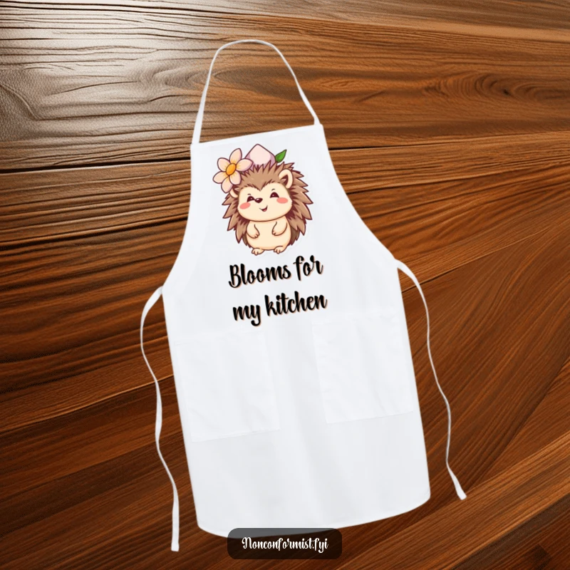 Funny hedgehog apron showing a cheerful creature with an upside-down flower hat, perfect for humorous kitchen activities.
