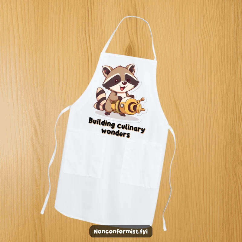Funny raccoon character on an apron, proudly displaying a half-finished, peculiar contraption, ready for kitchen adventures.