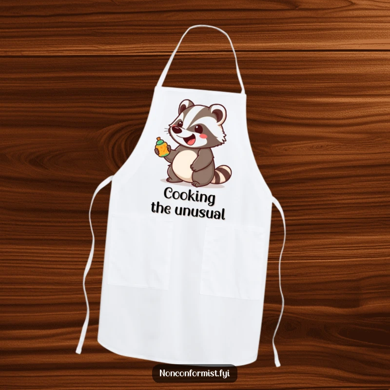 Funny unique badger character bounces with excitement holding a brightly colored, unusual object on a practical kitchen apron.