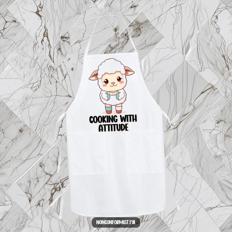 Funny Apron showing a cute sheep in a sassy pose with mismatched socks, adding flair to kitchen tasks.