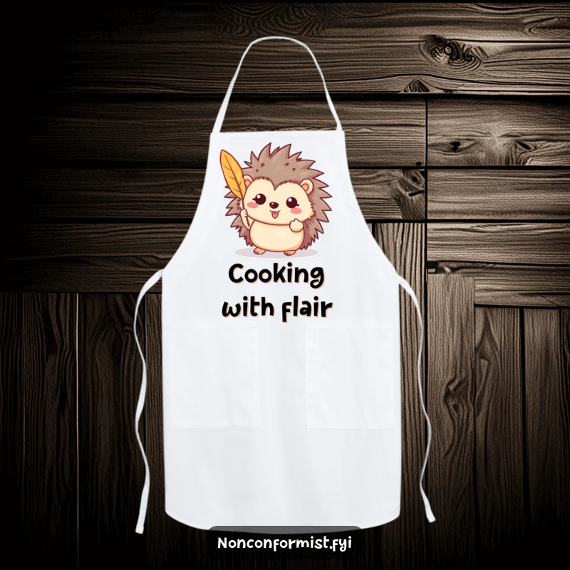 Funny apron showing a cheerful hedgehog proudly displaying a brightly colored feather, ready for kitchen fun.