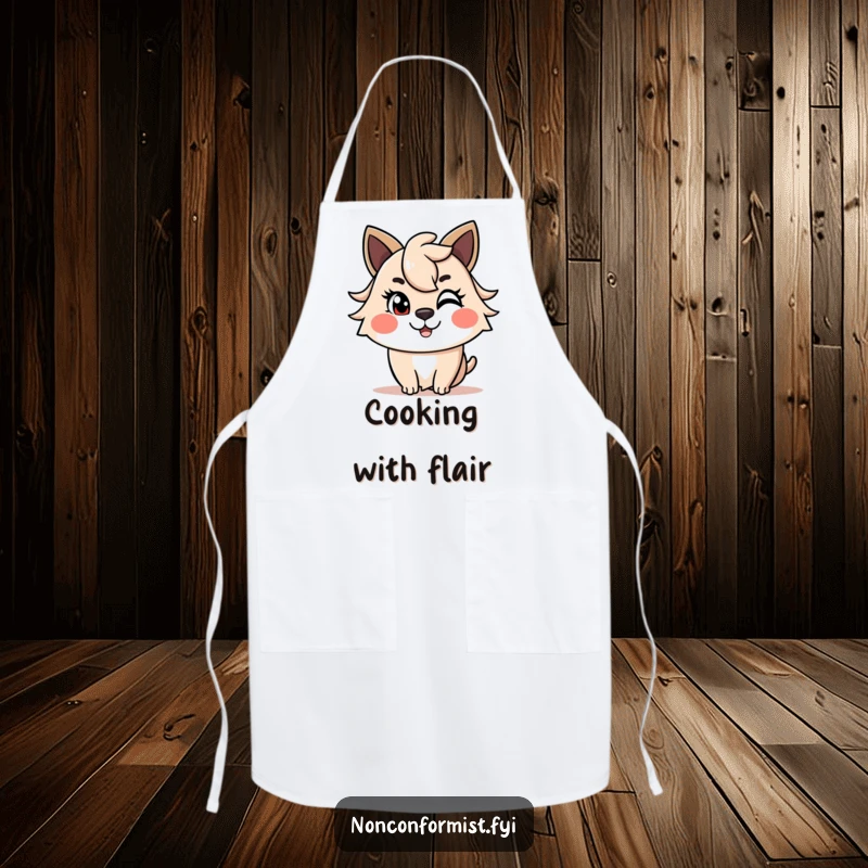 Funny Apron with a cheerful animal winking and a distinctive asymmetrical haircut. A functional and funny gift.
