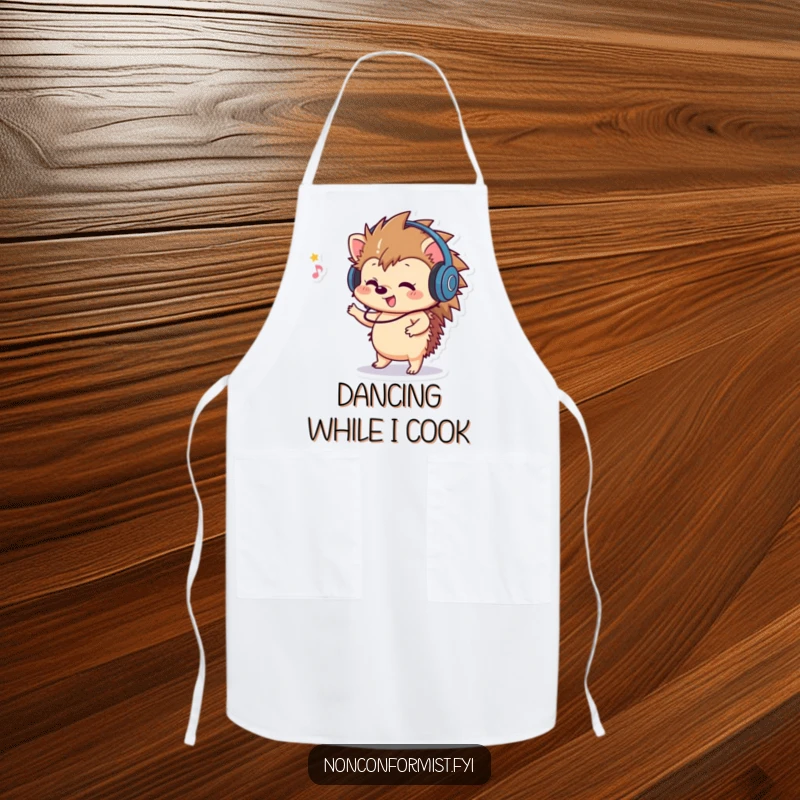 Funny Hedgehog Apron: A playful hedgehog wearing headphones, dancing while cooking, adding humorous flair to the kitchen.