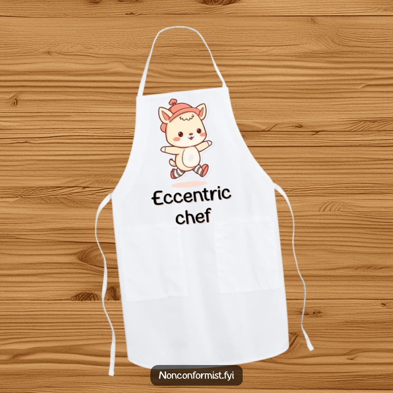 Funny animal apron showing a cute character wearing mismatched socks and a quirky hat, skipping with a mischievous grin.