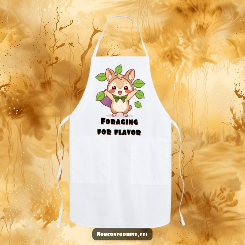 Funny apron featuring a small animal character excitedly wearing a cape made of leaves, ready for kitchen quests.