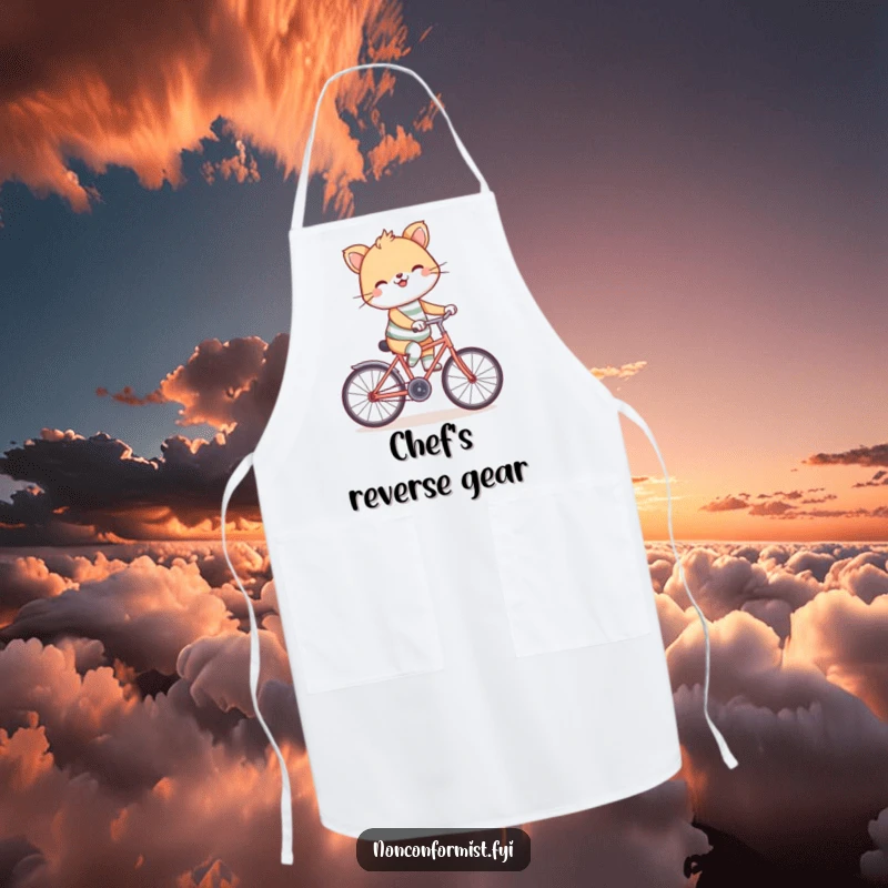 Funny backward bicycle apron with a grinning animal in mismatched socks, riding a bike backwards, perfect for kitchen adventures.
