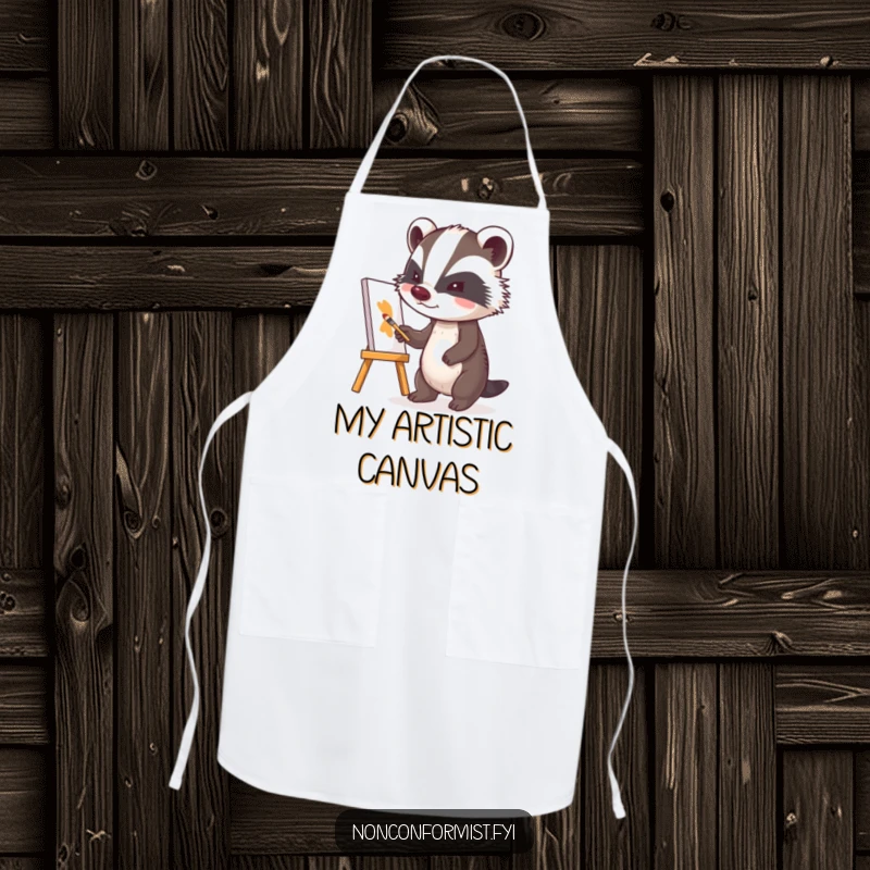 Funny badger wearing an apron, with a determined look, painting a crooked canvas, ready for artistic endeavors.