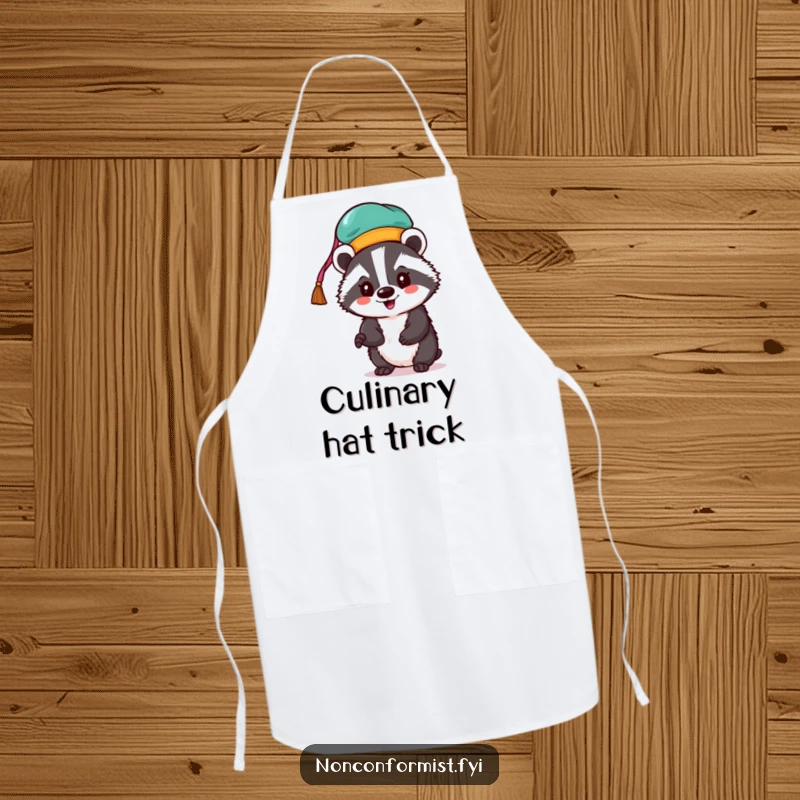 Funny badger apron showing an enthusiastic badger wearing a vibrant, unconventional hat.