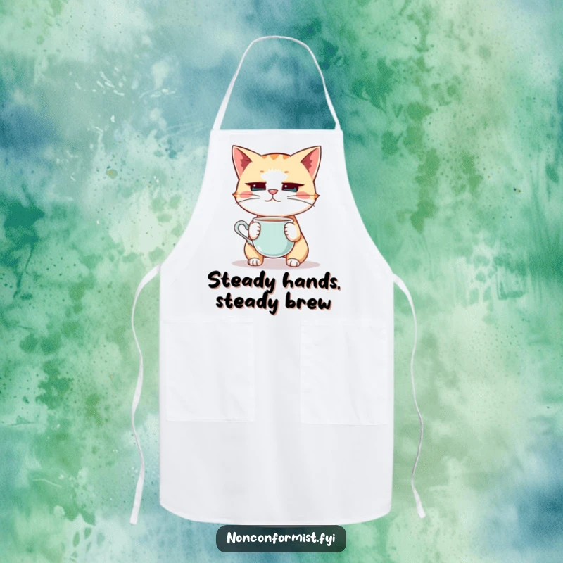 Funny Cat Apron: A quirky cat intensely balancing a teacup on its nose while cooking, adding humorous flair to the kitchen.