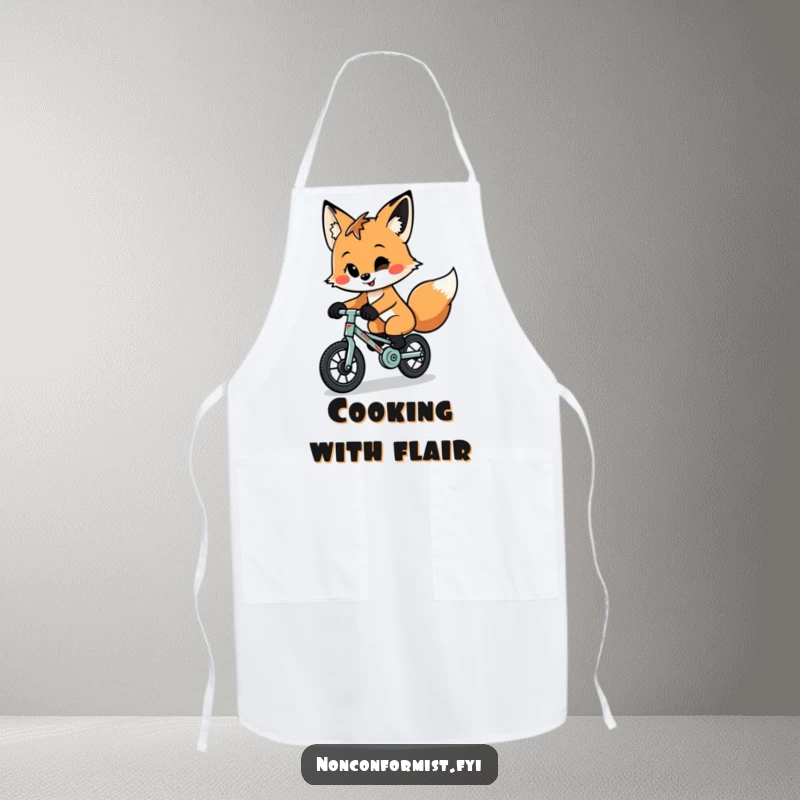 Funny quirky fox with a playful smirk riding a tiny, patched-up unicycle on a practical and amusing cooking apron.