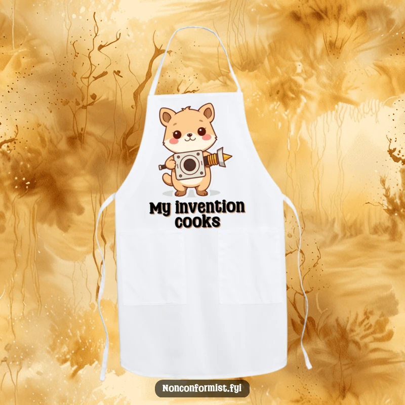 Funny apron featuring a cute frog character proudly displaying a peculiar, homemade invention, perfect for kitchen experiments.