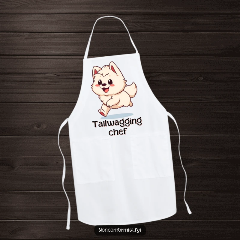 Funny Apron: A happy dog character hilariously spinning after its tail, bringing joyful, humorous vibes to any kitchen activity.