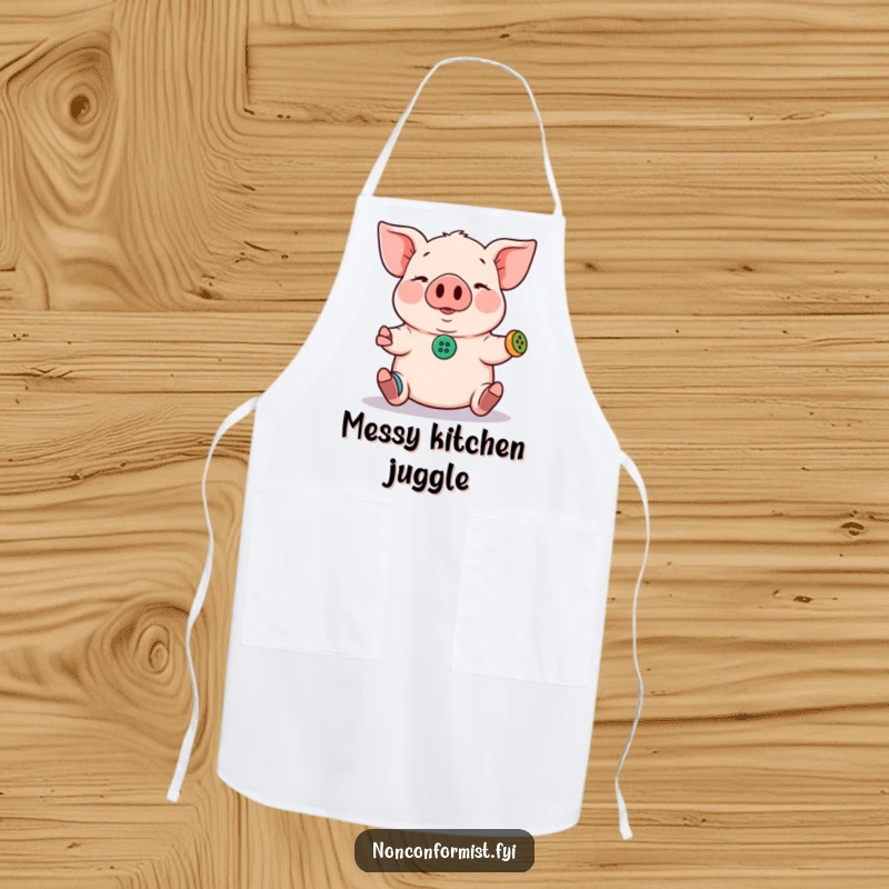 Funny Pig Apron: A pig attempting to juggle buttons makes this apron a fun and humorous kitchen accessory for aspiring chefs.
