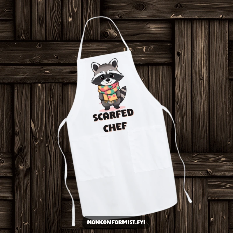 Funny apron showing a standout raccoon character tilting curiously, wearing a brightly patterned handmade scarf, ideal for kitchen fun.