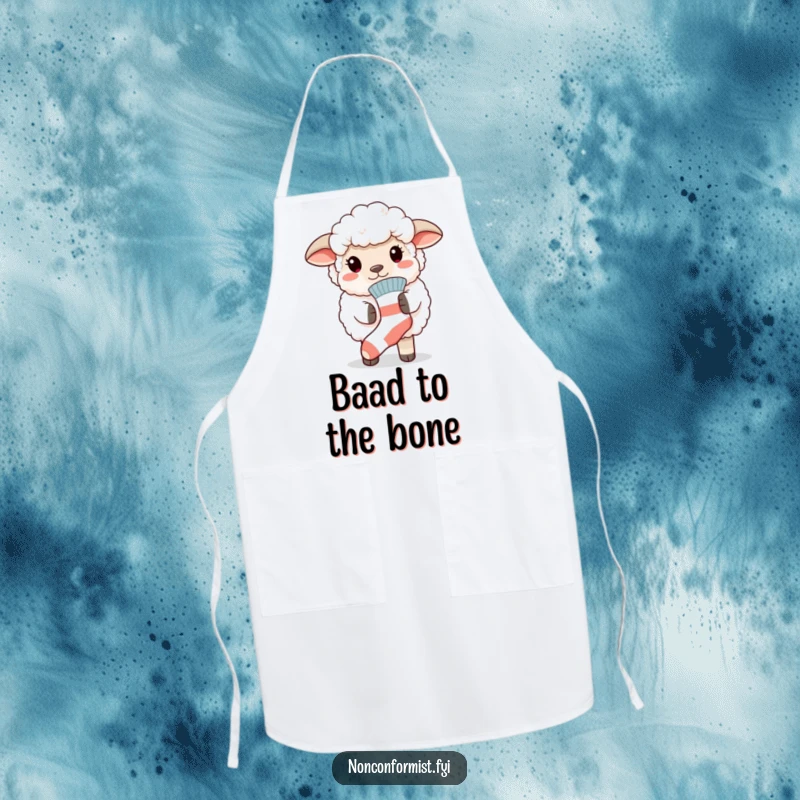 Funny apron featuring a fluffy sheep proudly wearing a mismatched sock, perfect for adding humor to cooking and baking.