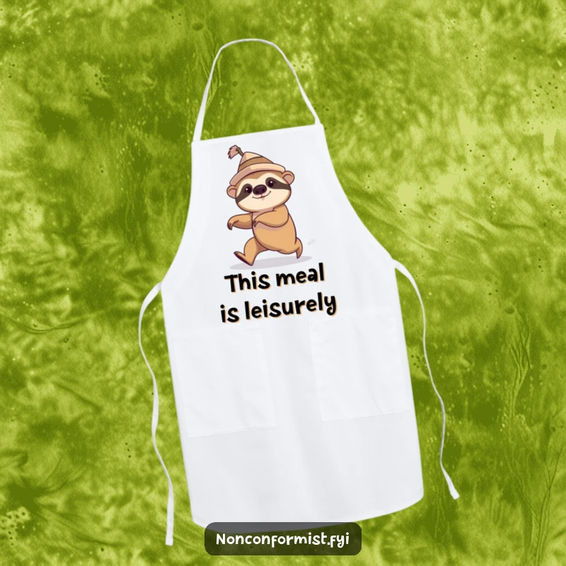 Funny sloth wearing a hat, comically attempting speed walk, practical apron for kitchen fun.
