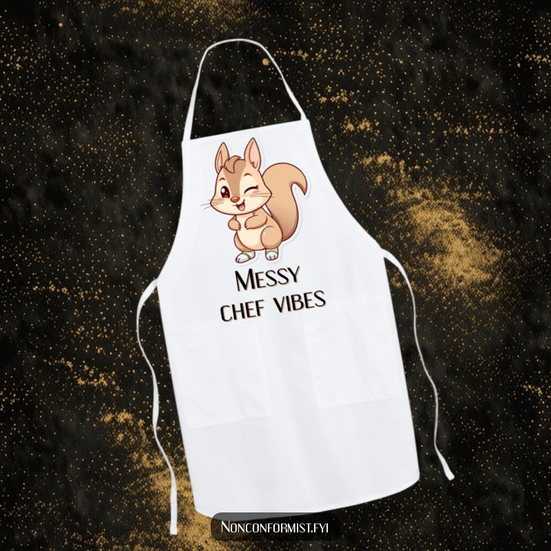 Funny mischievous squirrel winking and wearing mismatched socks on a practical and amusing kitchen apron.