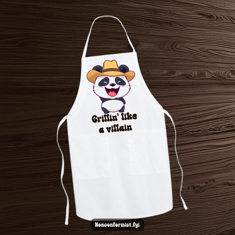 Funny panda character in a cowboy hat, roaring playfully on a kitchen apron, perfect for humorous cooking sessions.