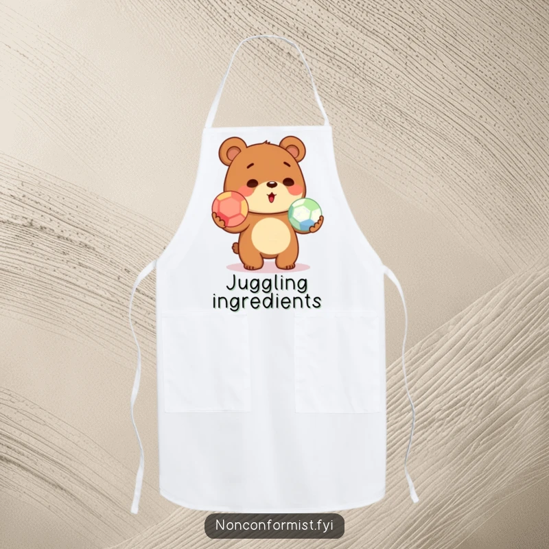 Funny cute bear character in an apron, hilariously juggling colorful balls, ready for kitchen adventures with a smile.