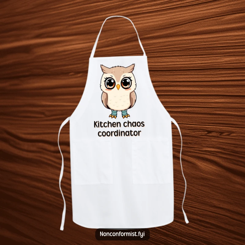 Funny owl apron featuring a cute owl with mismatched socks, a questioning gaze, kitchen humor.