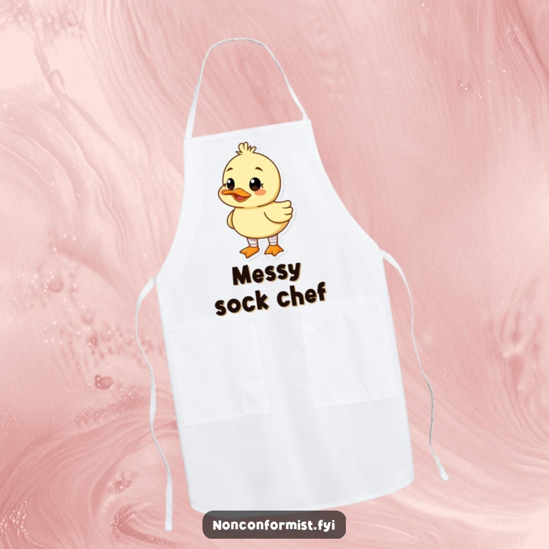 Funny apron showing a cute duck character wearing mismatched socks and a goofy grin, bringing humor to kitchen activities.