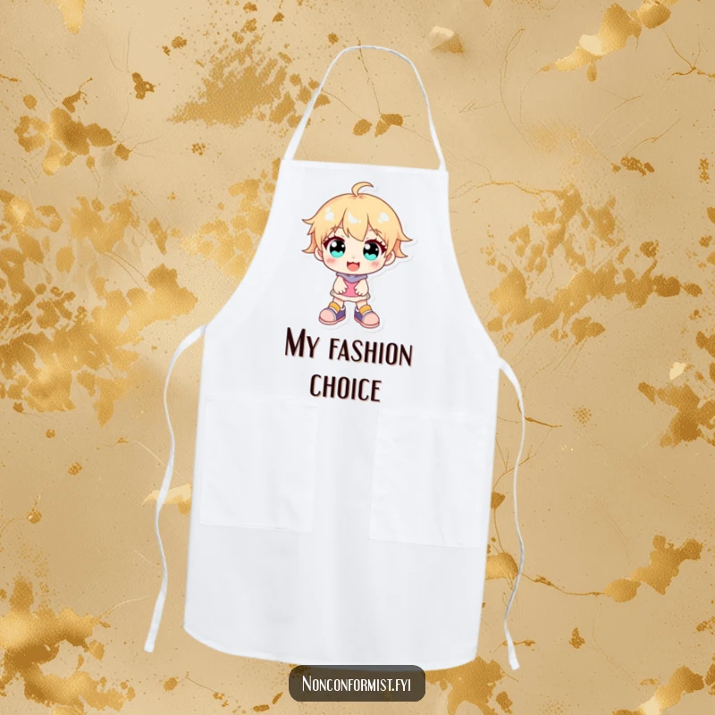 Funny character in an apron, sporting bright eyes, a wide smile, and notably mismatched shoes, ready for culinary fun.