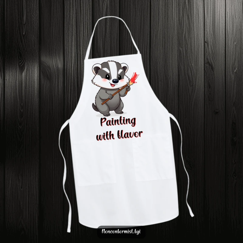 Funny Apron showing a happy badger painting a bright red stripe on its grey fur, perfect for kitchen creativity.