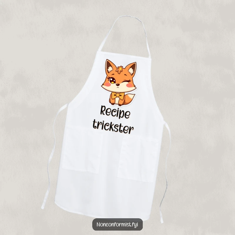 Funny fox apron showing a winking fox wearing a slightly askew bow tie, stylish kitchen wear.
