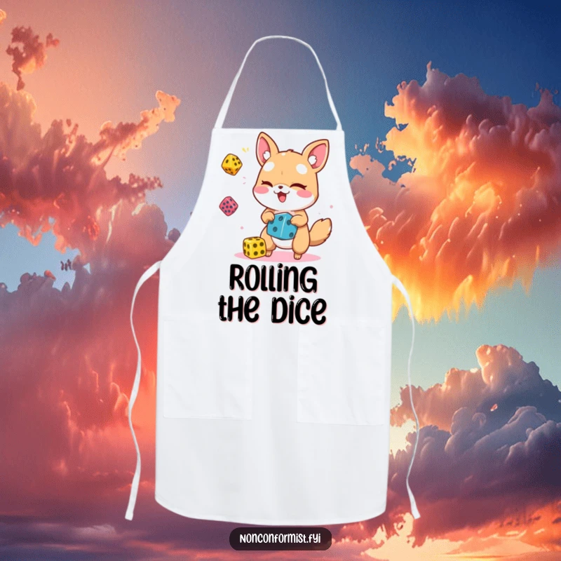 Funny animal character winking and juggling colorful dice on a kitchen apron, ready for culinary fun.