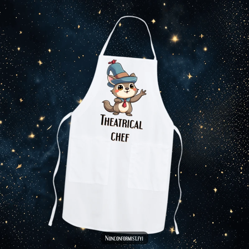 Funny animal character in an eccentric hat, striking a dramatic pose on a kitchen apron for humorous cooking.