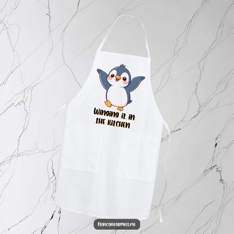 Funny kawaii penguin character with mismatched wings attempting to fly, depicted on a kitchen apron for a humorous cooking experience.