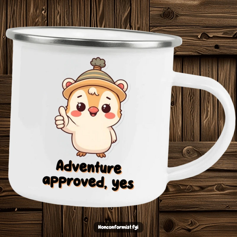 Funny camping mug with a small creature in a quirky hat giving a thumbs-up, ready for outdoor fun and hot beverages.