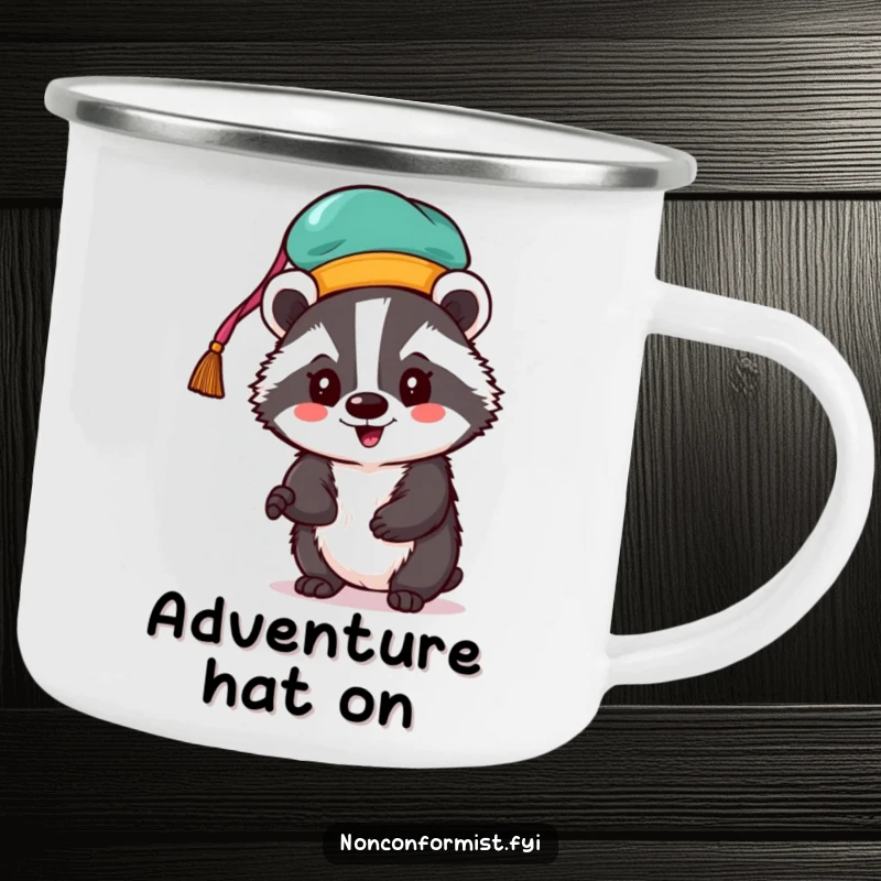 Funny badger camping mug featuring an enthusiastic badger wearing a bright, unusual hat.