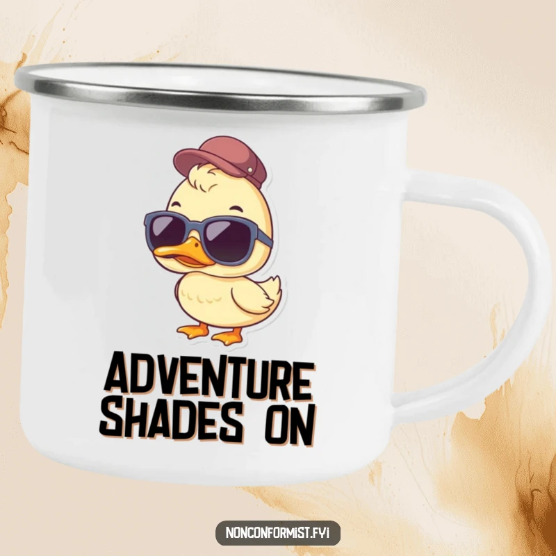 Funny Duck Camping Mug: A cool duck sporting oversized sunglasses and a jaunty cap, ideal for outdoor humor and gifting.