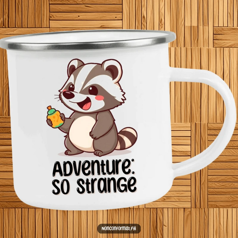 Funny unique badger character bounces with excitement holding a brightly colored, unusual object on this durable enamel camping mug.