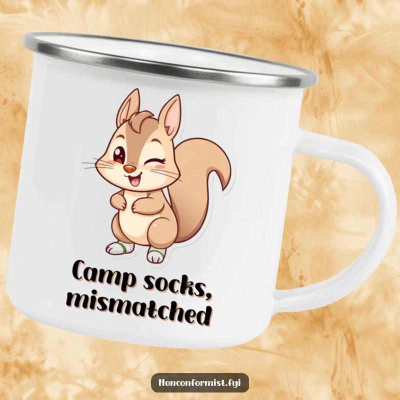 Funny mischievous squirrel winking and wearing mismatched socks on this durable enamel camping mug.