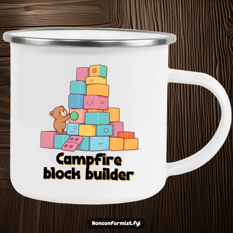 Funny Bear Camping Mug featuring a small bear character building a lopsided tower of colorful, unusual blocks, perfect for outdoor fun.