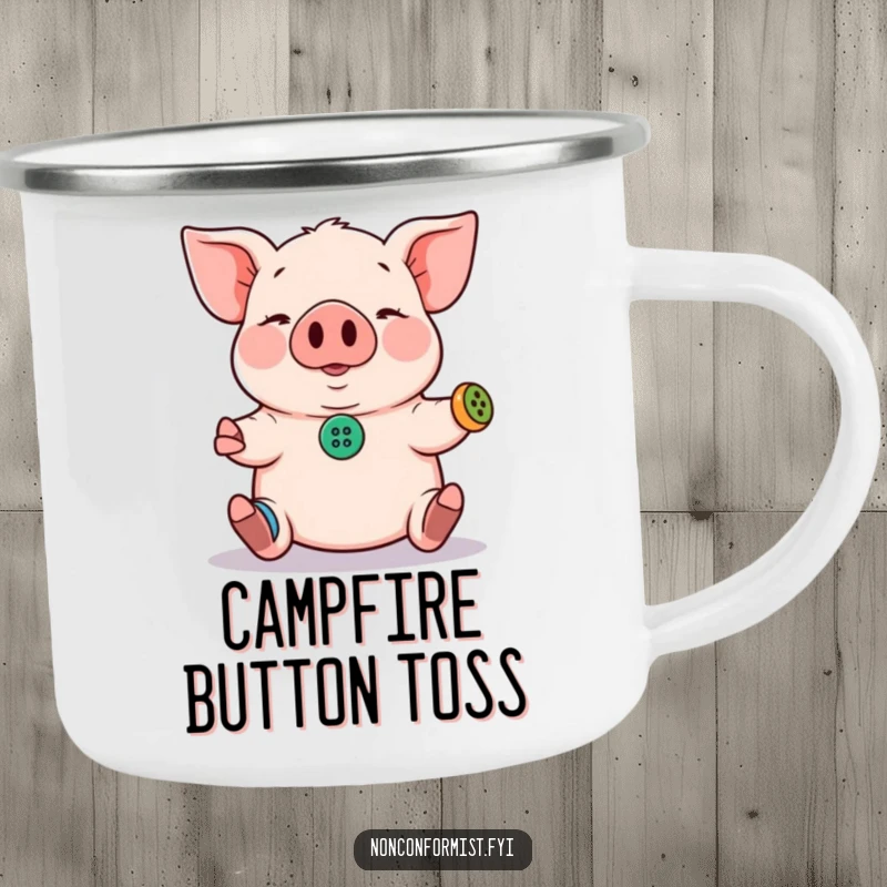 Funny Pig Camping Mug: A pig juggles buttons, adding humor to this durable mug perfect for outdoor adventures and gifting.