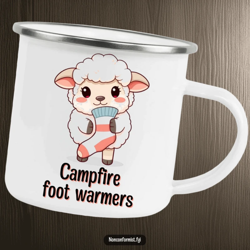 Funny camping mug with a fluffy sheep proudly wearing a mismatched sock, perfect for outdoor adventures and humorous sipping.