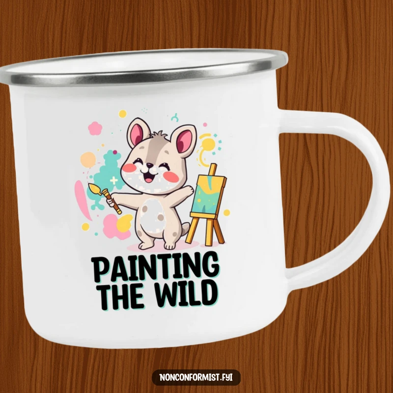 Funny camping mug showing an animal character joyfully painting a bright abstract pattern, perfect for artistic outdoor enjoyment.