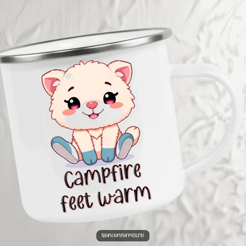 Funny camping mug showing a cute, fluffy animal character grinning proudly, wearing mismatched socks, perfect for outdoor fun.