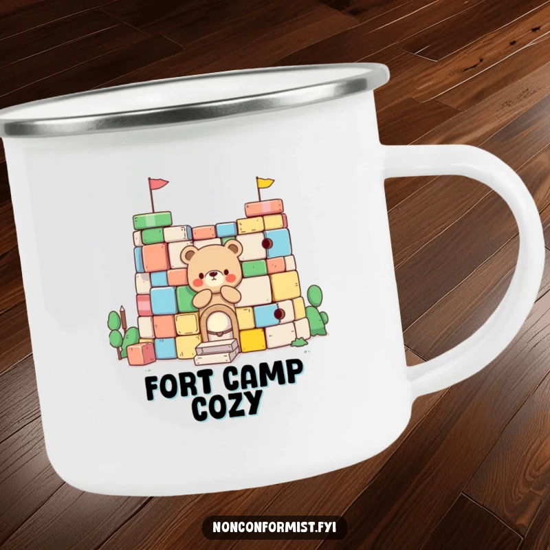 Funny Little Bear Camping Mug: A bear character building a fort, durable and humorous for outdoor adventures and playtime.