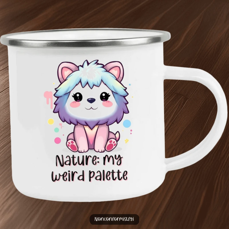 Funny Camping Mug: Animal character painting a rainbow with strange colors, perfect for humorous outdoor creativity.