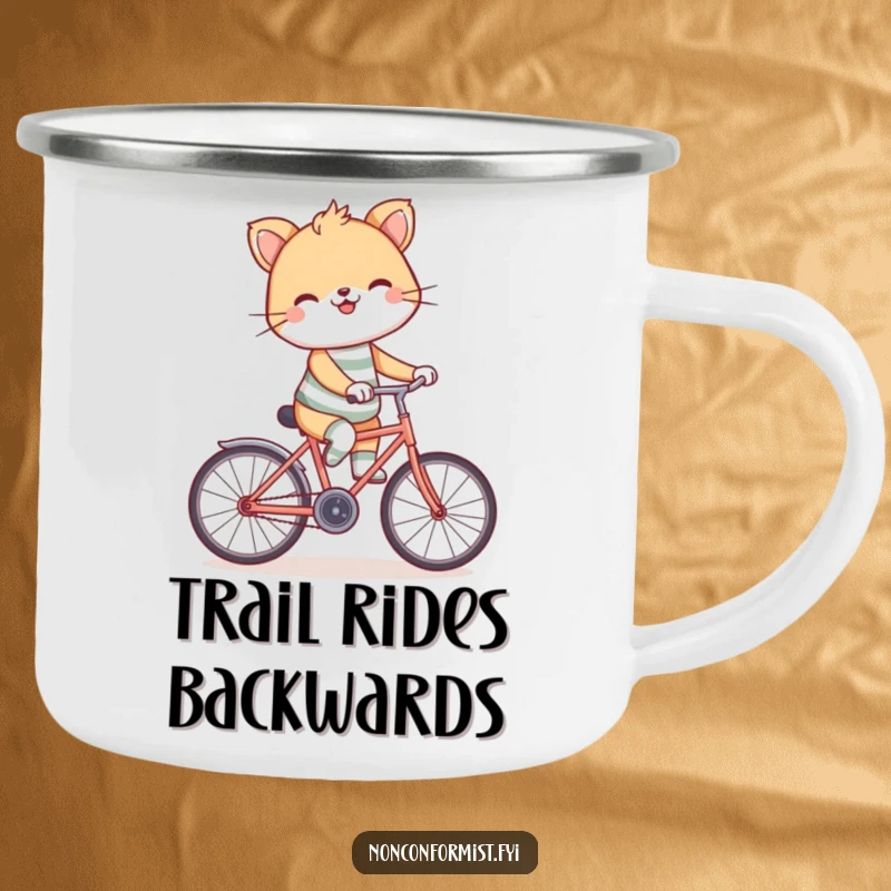 Funny backward bicycle camping mug with a grinning animal in mismatched socks, riding a bike backwards, perfect for outdoor fun.
