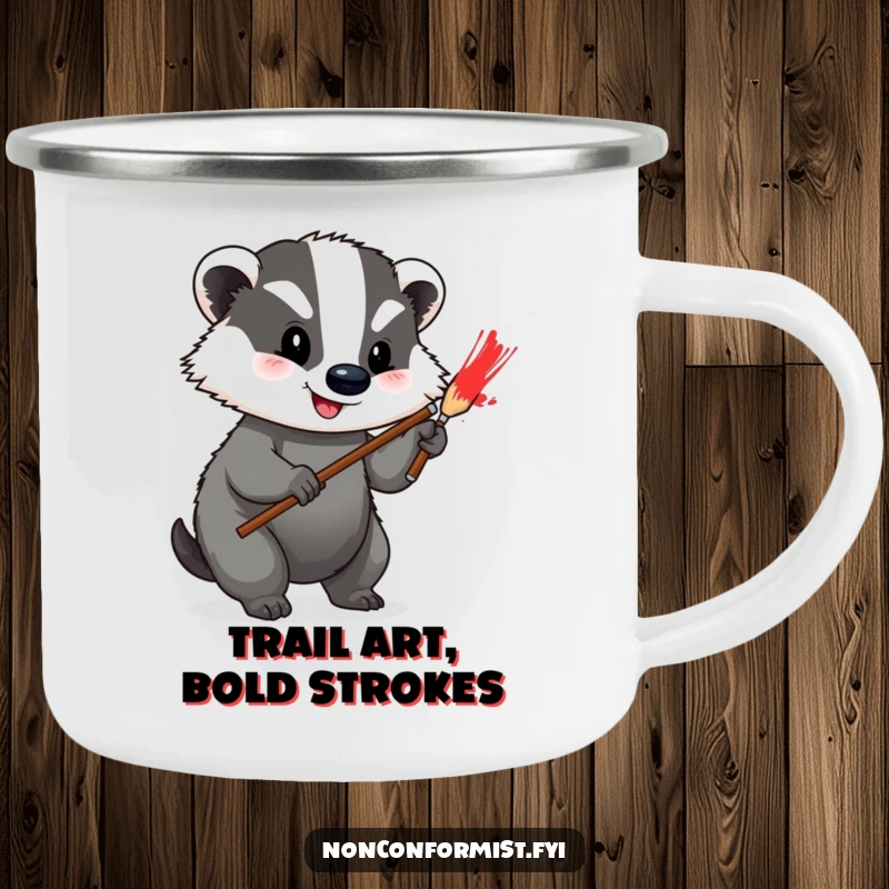 Funny Camping Mug featuring a happy badger painting a bright red stripe on its grey fur, ideal for outdoor art.
