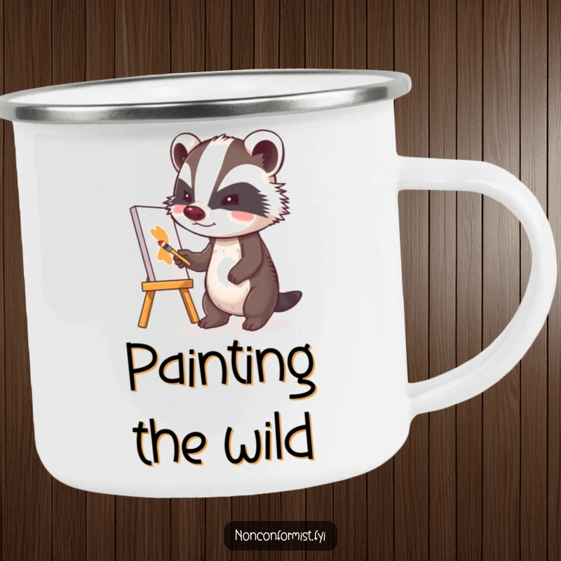 Funny badger character on a camping mug, determinedly painting a tilted canvas, inspiring creativity in any setting.