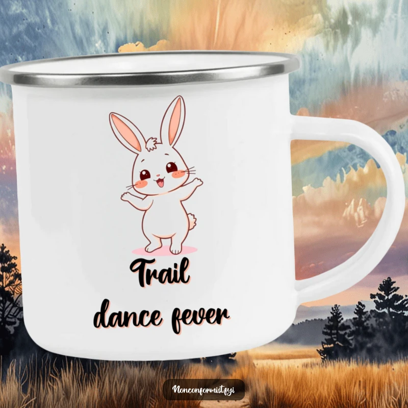 Funny camping mug with a cute, dancing bunny with mismatched ears, perfect for outdoor adventures and humorous sipping.