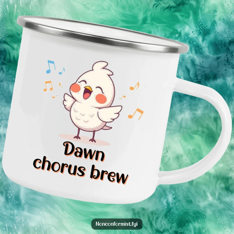 Funny Cute Bird Camping Mug: A bird character singing with a quirky rhythm, durable and humorous for outdoor adventures and musical moments.