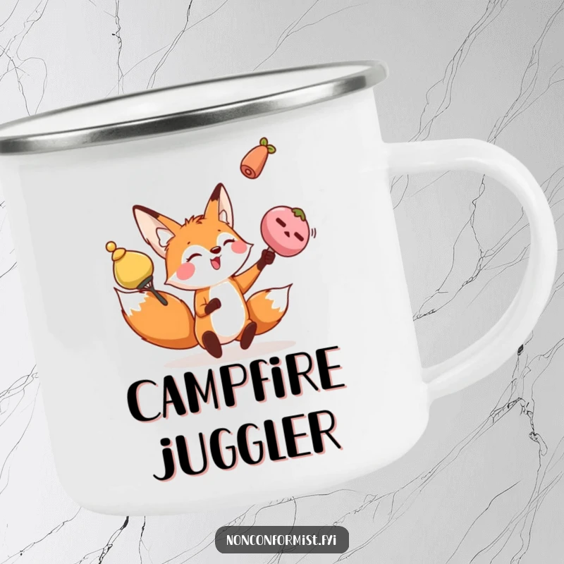 Funny fox camping mug showing a playful character juggling odd objects with skill, perfect for outdoor multitasking.