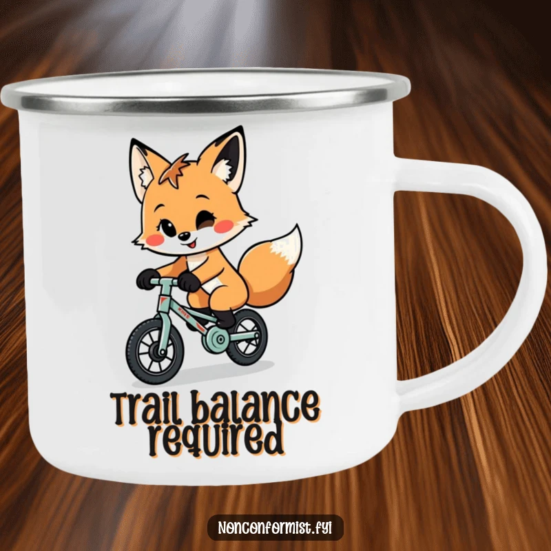 Funny quirky fox with a playful smirk rides a tiny, patched-up unicycle on this durable enamel camping mug.